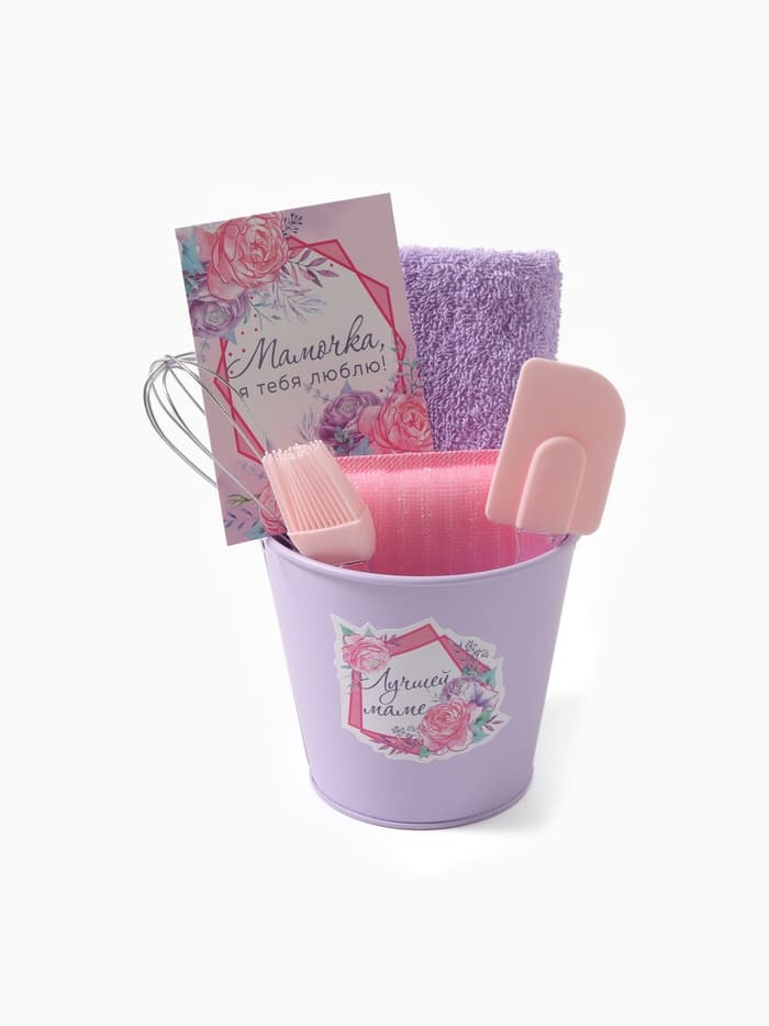 Кухонный набор «Доляна. Лучшей маме»: полотенце, кухонная лопатка, кисть, венчик, губка