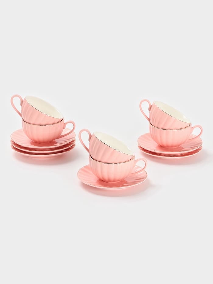 Сервиз чайный Доляна «Вивьен», 12 предметов: 6 чашек 200 мл, 6 блюдец d=15 см, фарфор, розовый