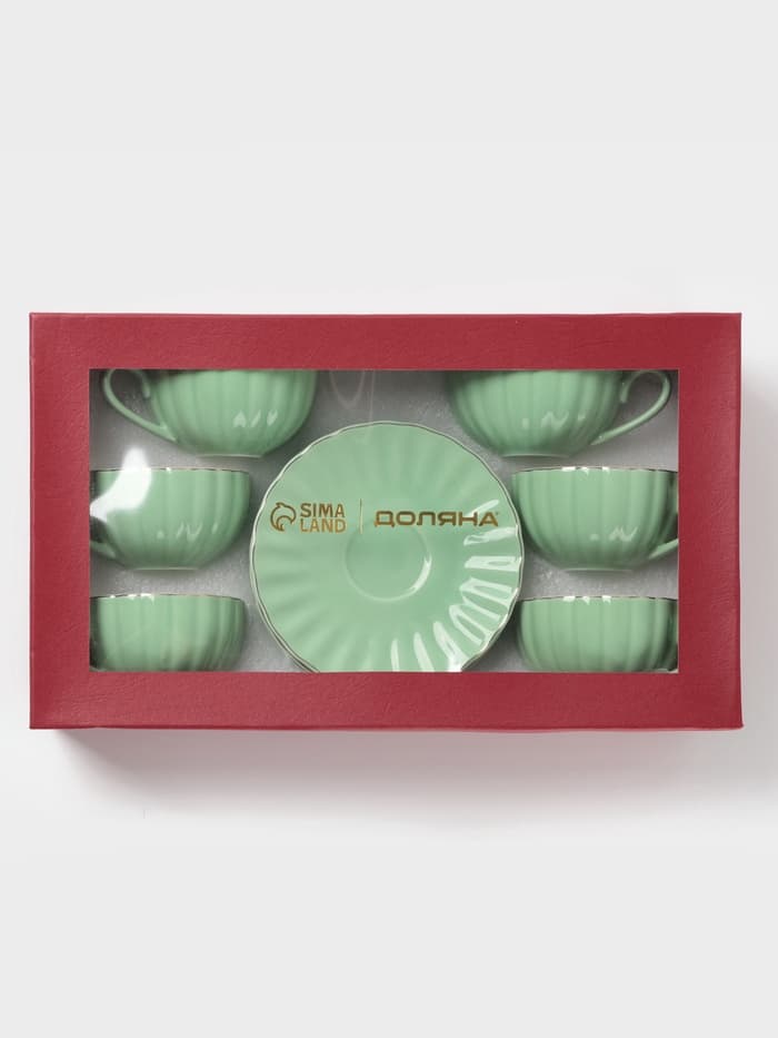 Сервиз чайный Доляна «Вивьен», 12 предметов: 6 чашек 200 мл, 6 блюдец d=15 см, фарфор, зелёный