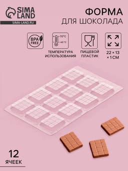 Форма для шоколада и конфет «Мини плитка», пластик, 22×13×1 см, 12 ячеек (3.5×4 см), прозрачная