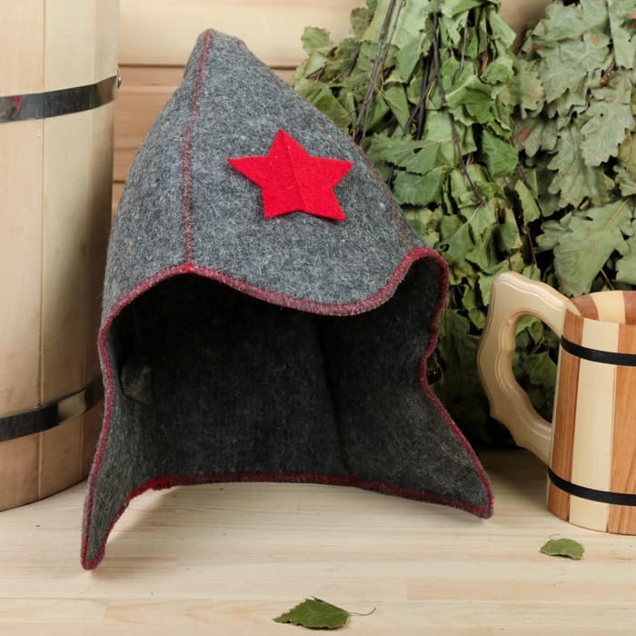 Шапка для бани и сауны «Будёновка», полиэфир, шерсть, серая