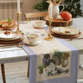 Дорожка на стол «Этель. Уютные коты», 40×146 см, 100% хлопок, саржа 190 г/м², бежевая/синяя