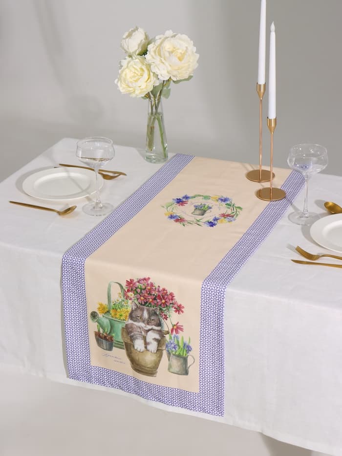 Дорожка на стол «Этель. Уютные коты», 40×146 см, 100% хлопок, саржа 190 г/м², бежевая/синяя