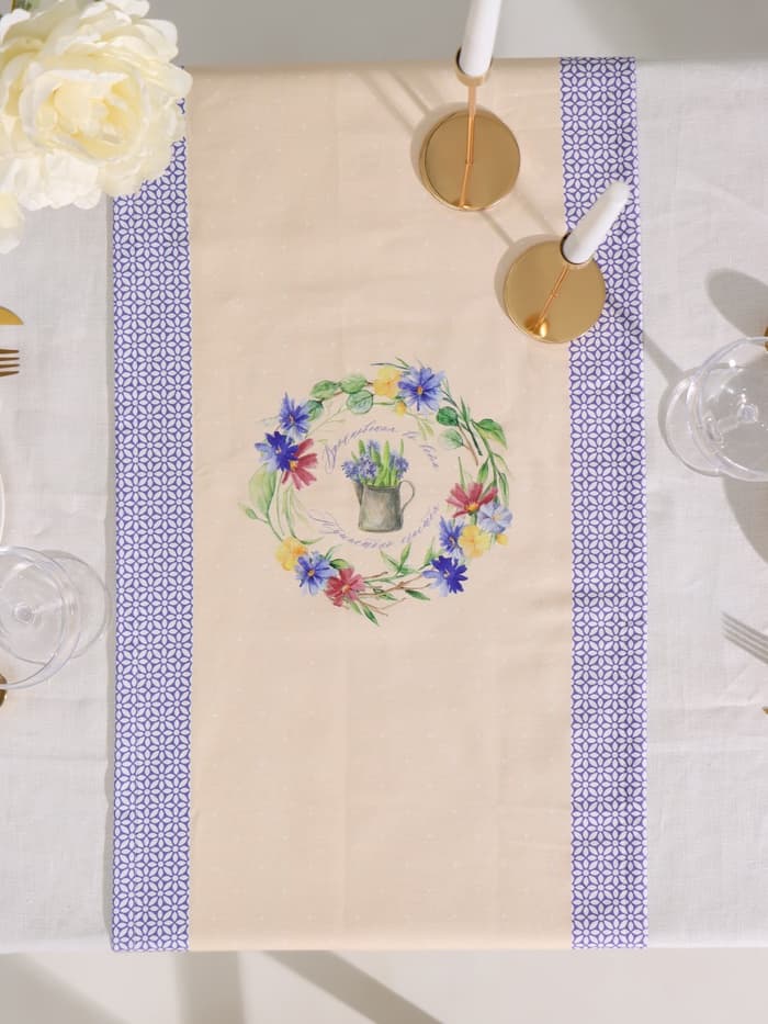 Дорожка на стол «Этель. Уютные коты», 40×146 см, 100% хлопок, саржа 190 г/м², бежевая/синяя