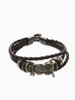 Браслет кожаный «Совушка», L=20 см, коричневый в чернёном серебре