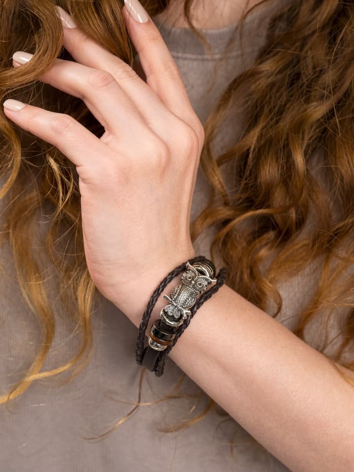 Браслет кожаный «Совушка», L=20 см, коричневый в чернёном серебре