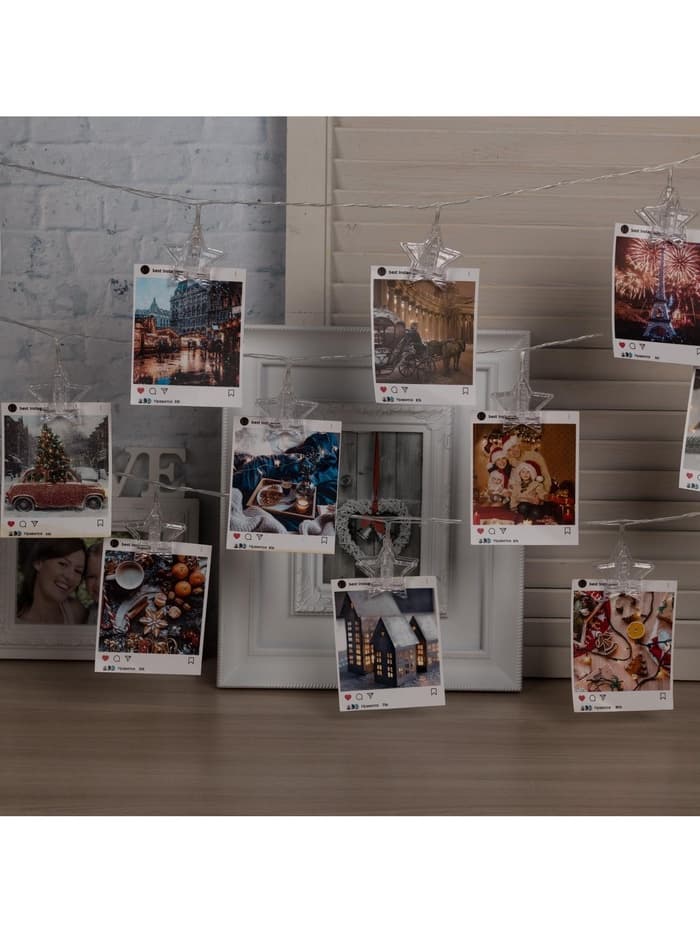 Гирлянда «Нить» 4.5 м с насадками «Прищепки-звёзды», IP20, прозрачная нить, 20 LED, свечение синее, 220 В