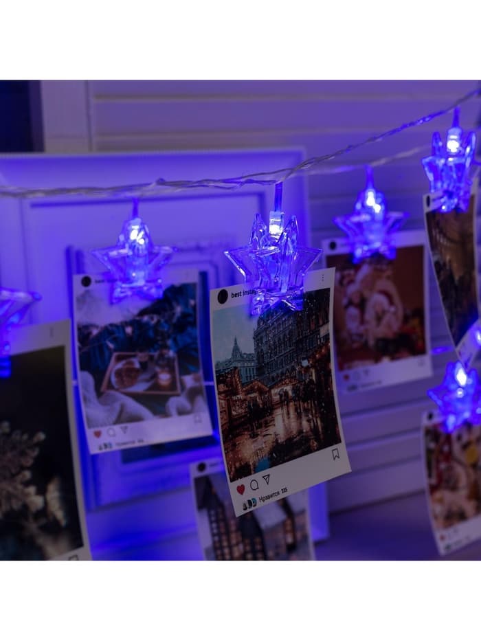 Гирлянда «Нить» 4.5 м с насадками «Прищепки-звёзды», IP20, прозрачная нить, 20 LED, свечение синее, 220 В