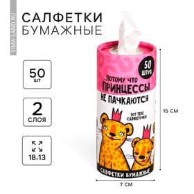 Салфетки бумажные в тубусе «Принцессы не пачкаются», 50 шт., двухслойные