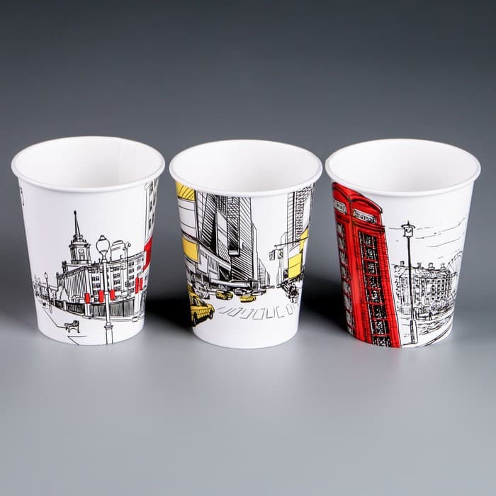 Стакан одноразовый бумажный «Города» для горячих напитков, 250 мл, цветной, диаметр 80 мм МИКС