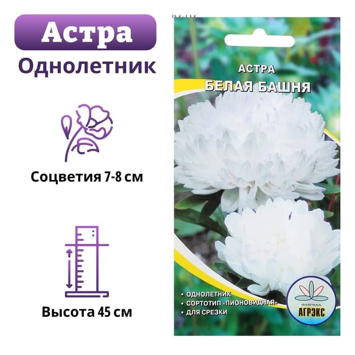 Семена цветов Астра пионовидная «Белая башня», 0.2 г, «АГРЭКС»
