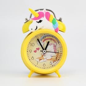 Часы-будильник настольные детские «Единорог», плавный ход, d=6.5 см, 12.5×7.5×5 см, жёлтые