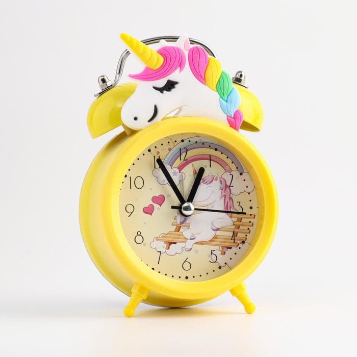 Часы-будильник настольные детские «Единорог», плавный ход, d=6.5 см, 12.5×7.5×5 см, жёлтые