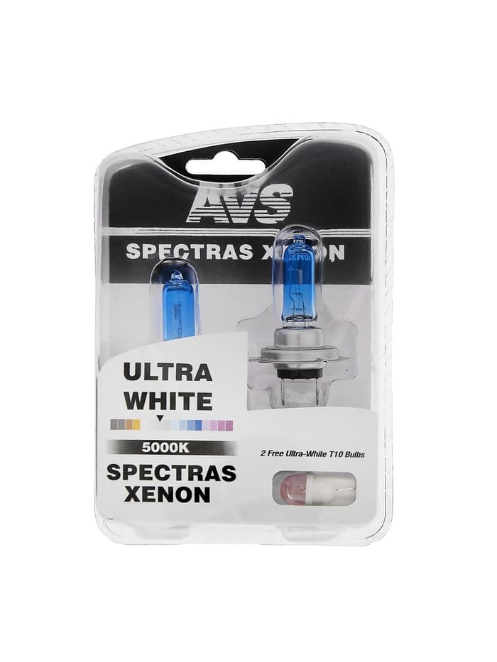 Лампа автомобильная AVS SPECTRAS Xenon 5000K, H7, 12 В, 75 Вт, + T10, набор 2 шт.