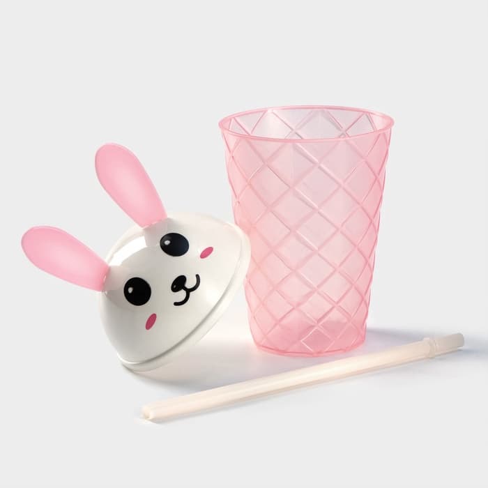 Стакан пластиковый с крышкой и трубочкой Доляна «Зайка», 500 мл, МИКС