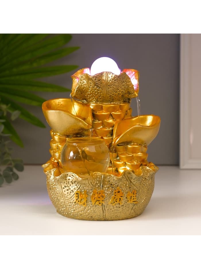 Фонтан настольный с подсветкой «Листья и слитки золота», от сети, золото, 21×15×12 см