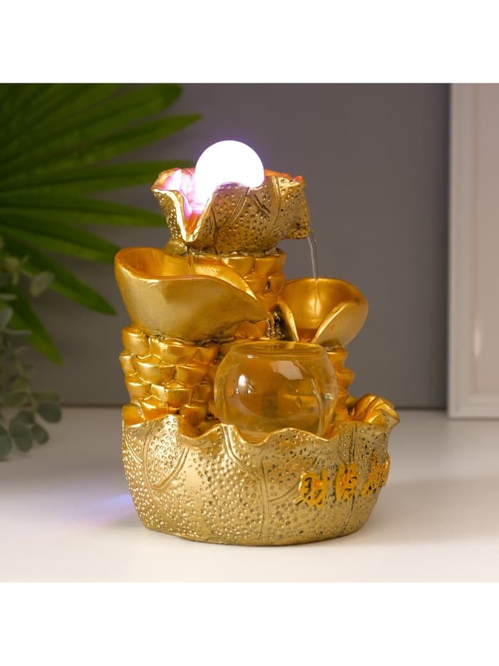 Фонтан настольный с подсветкой «Листья и слитки золота», от сети, золото, 21×15×12 см