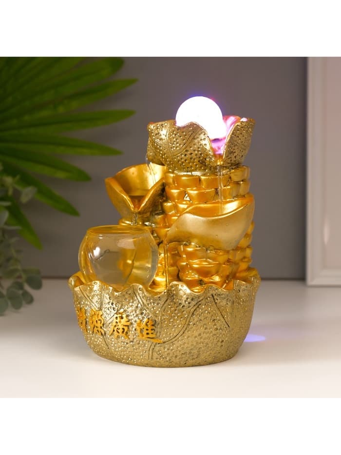 Фонтан настольный с подсветкой «Листья и слитки золота», от сети, золото, 21×15×12 см