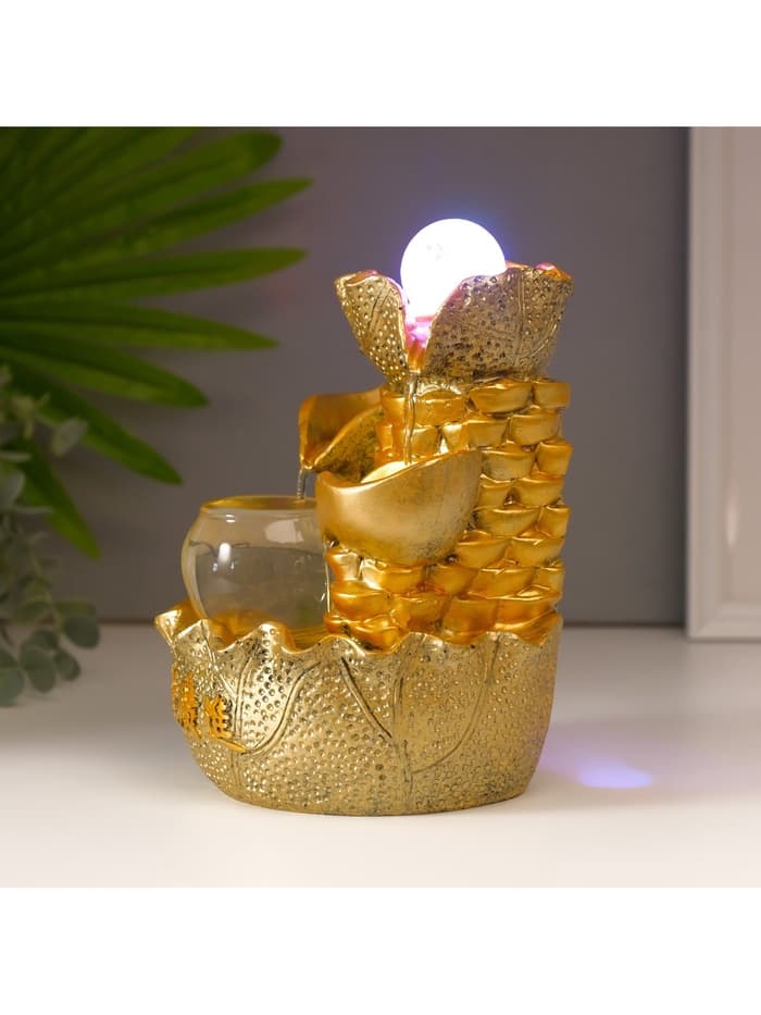 Фонтан настольный с подсветкой «Листья и слитки золота», от сети, золото, 21×15×12 см