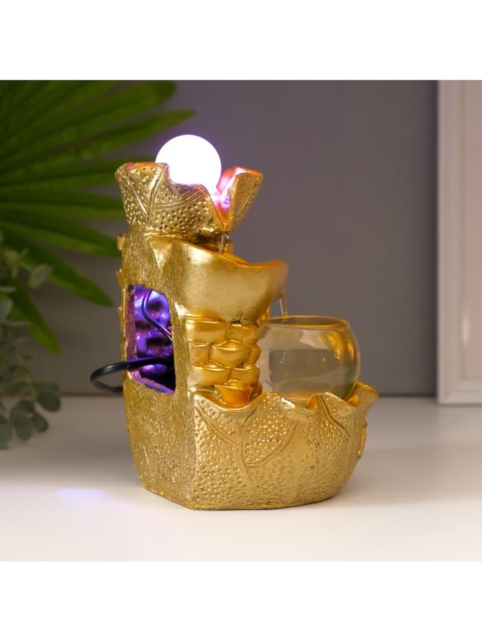 Фонтан настольный с подсветкой «Листья и слитки золота», от сети, золото, 21×15×12 см