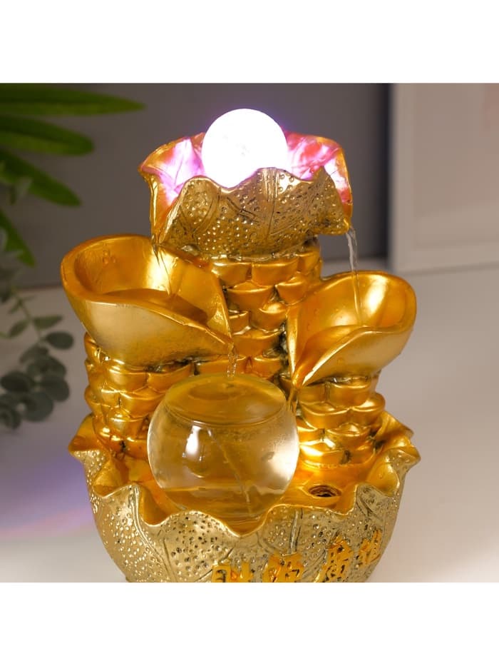 Фонтан настольный с подсветкой «Листья и слитки золота», от сети, золото, 21×15×12 см