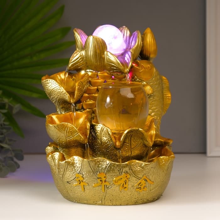 Фонтан настольный с подсветкой «Золотой карп и лотосы», от сети, золото, 26×18×17 см