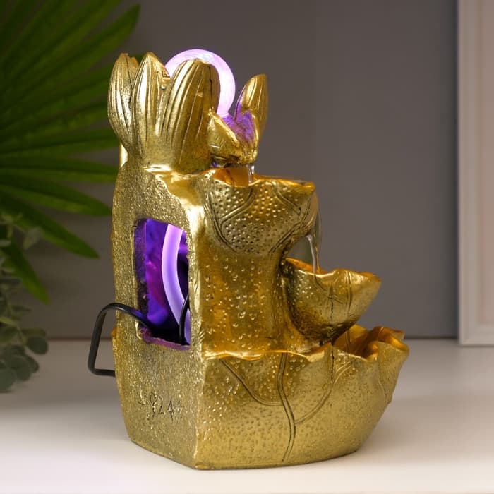 Фонтан настольный с подсветкой «Золотой карп и лотосы», от сети, золото, 26×18×17 см