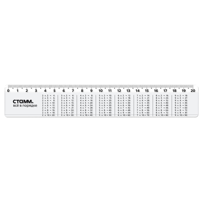 Линейка пластиковая Стамм «Таблица умножения», 20 см, со справочным материалом, прозрачная