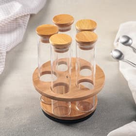 Набор для специй «Эко», 100 мл, 4×14 см, с бамбуковыми крышками, на подставке, 5 шт., стекло