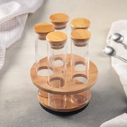 Набор для специй «Эко», 100 мл, 4×14 см, с бамбуковыми крышками, на подставке, 5 шт., стекло