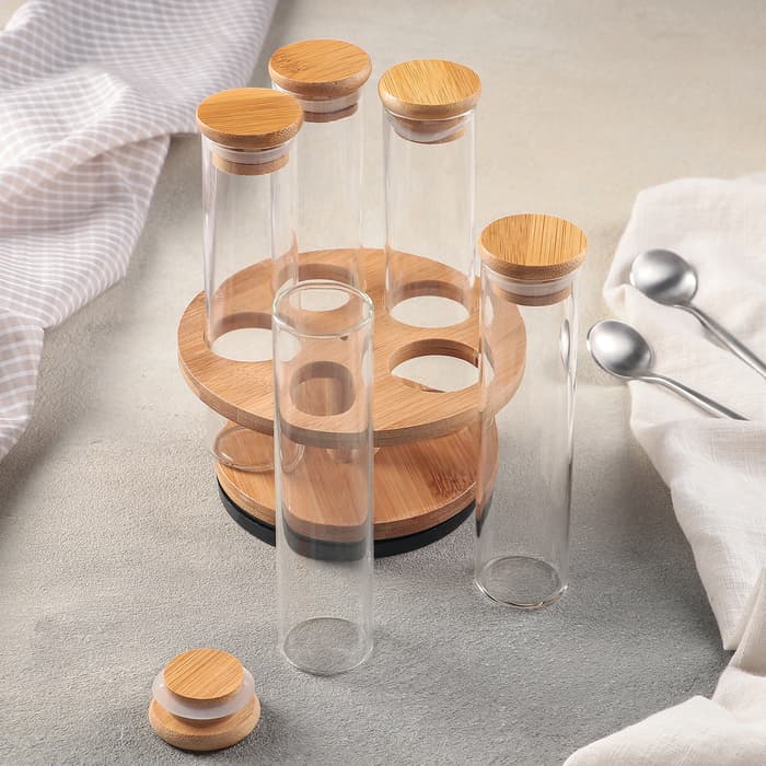 Набор для специй «Эко», 100 мл, 4×14 см, с бамбуковыми крышками, на подставке, 5 шт., стекло