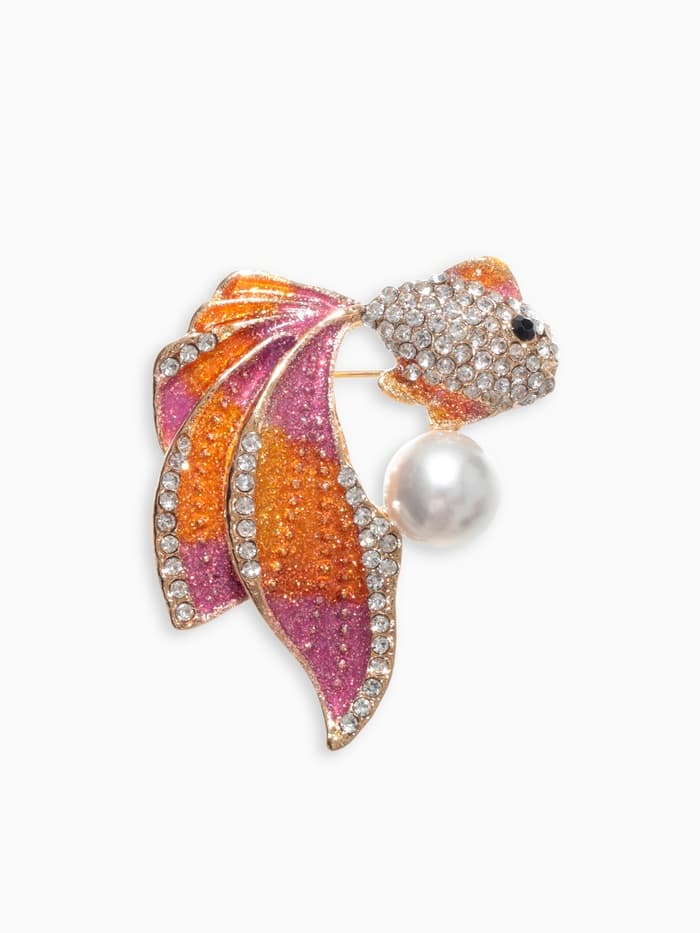 Брошь «Золотая рыбка с жемчужиной», разноцветная в золоте