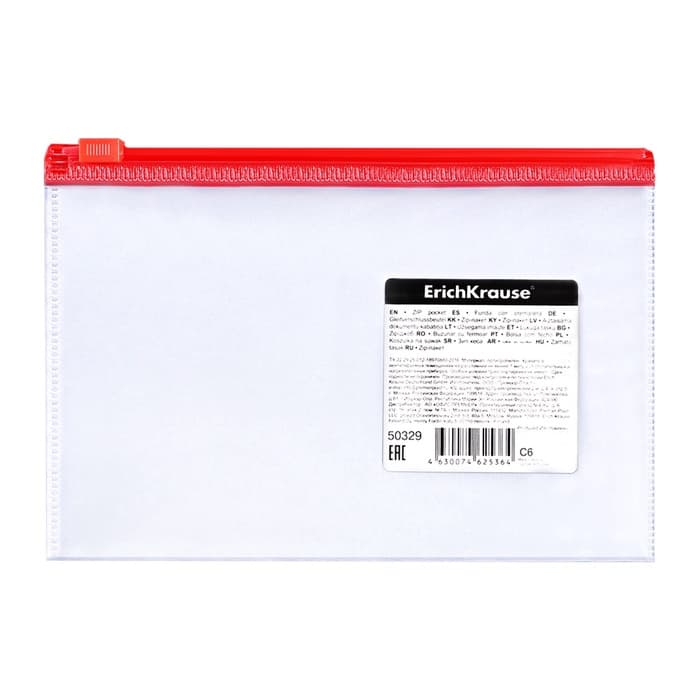 Папка-конверт на ZIP-молнии С6 ( 175×117 мм), 120 мкм, ErichKrause Fizzy Clear, c цветной молнией, тиснение, до 100 листов, микс