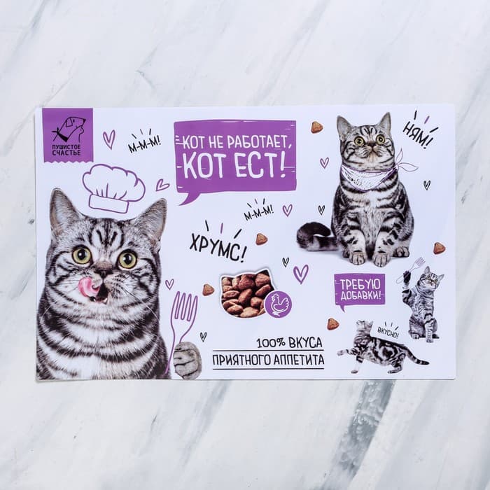 Коврик под миску «Кот не работает, кот ест!» 43×28 см