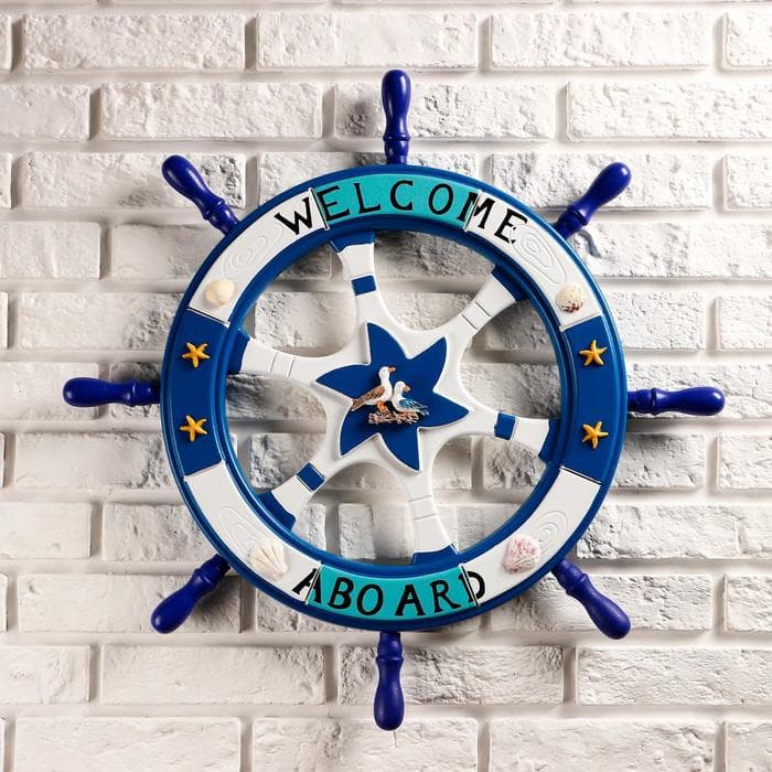 Декор настенный, панно «Штурвал. Добро пожаловать на борт», синий, 62 см