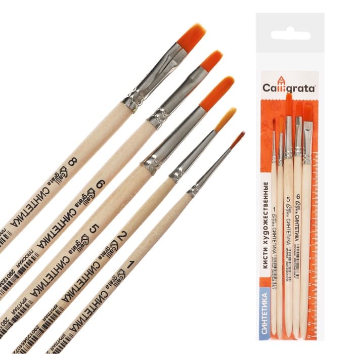 Набор кистей для рисования, синтетика, 5 штук: №: 1, 2, 5 (круглые), № 6, 8 (плоские), Calligrata, круглые, плоские, деревянная ручка, в пакете
