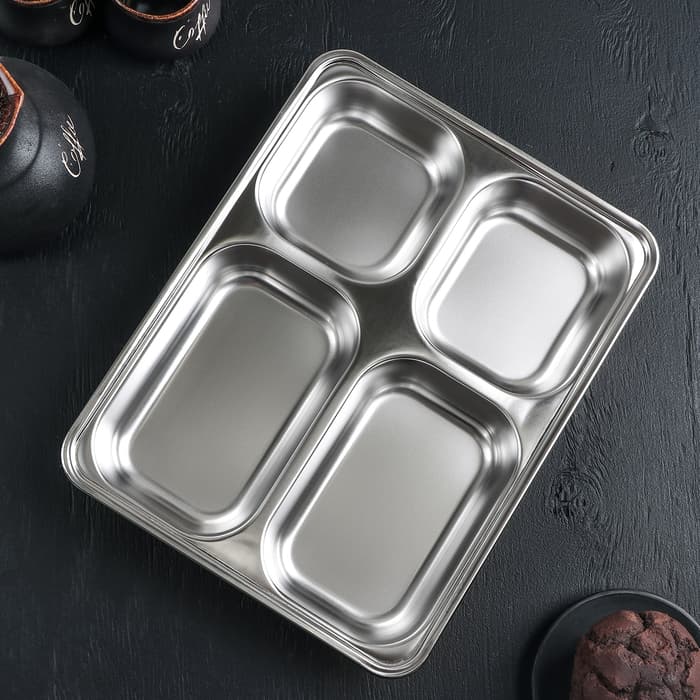 Поднос глубокий из нержавеющей стали, 4 секции, 28×22×4.5 см, 420 мл/280 мл