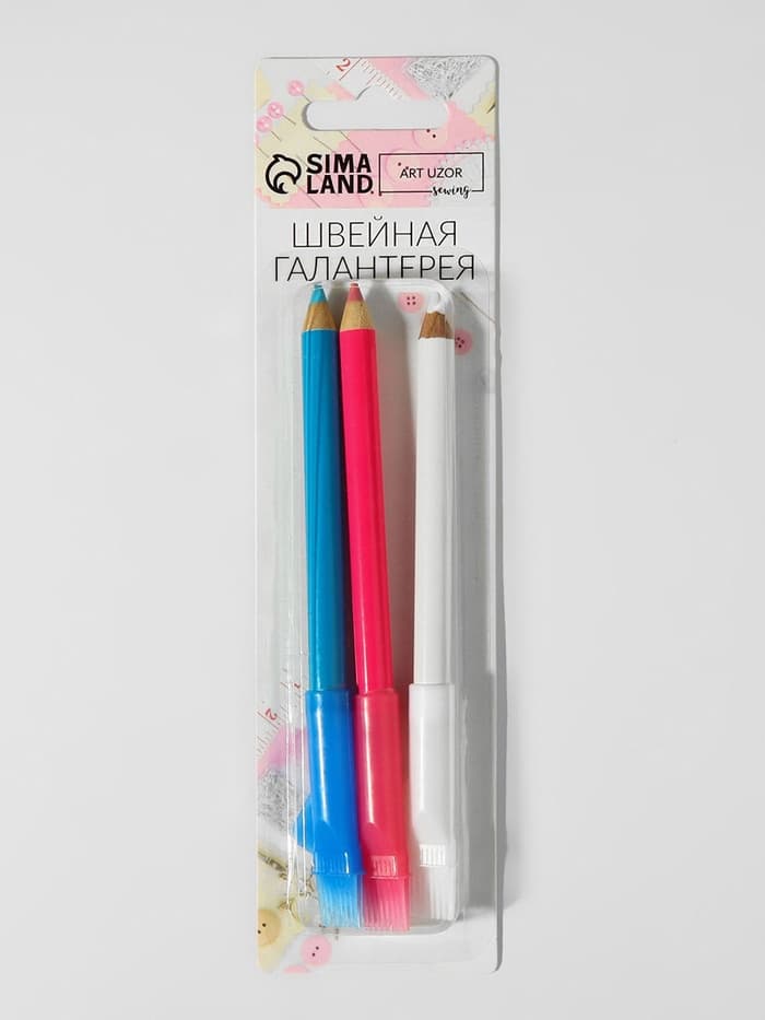 Карандаш для ткани с щёткой, 3 шт., белый, розовый, синий