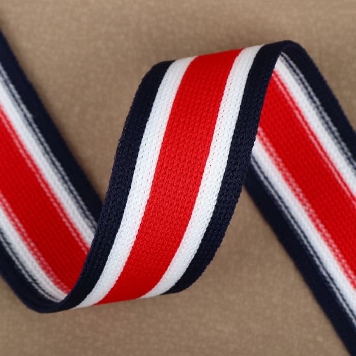 Тесьма трикотажная лампас 25 мм, 9.1±0.5 м, красная, белая, тёмно-синяя