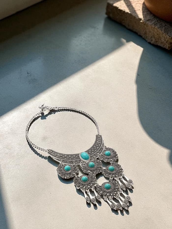 Колье «Гестия», четыре яруса, голубое в чернёном серебре, 35 см