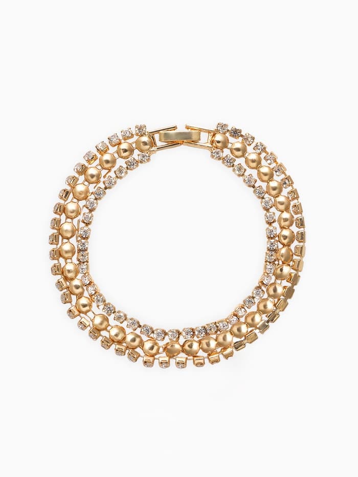 Браслет со стразами «Сияй», L=18 см, 3 ряда, белый в золоте