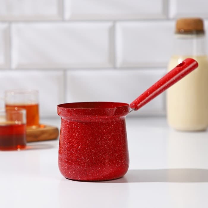 Турка Доляна «Мрамор рэд», 400 мл, d=8 см, пластиковая ручка, антипригарное покрытие, индукция, красная