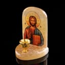 Икона «Иисус Господь Вседержитель», настольная с подсвечником на 1 свечу, селенит