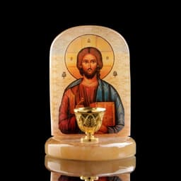 Икона «Иисус Господь Вседержитель», настольная с подсвечником на 1 свечу, селенит