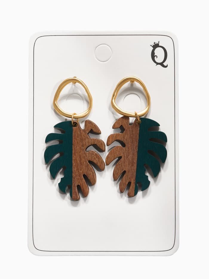 Серьги из дерева «Ваканда», монстера, зелёно-коричневые в золоте