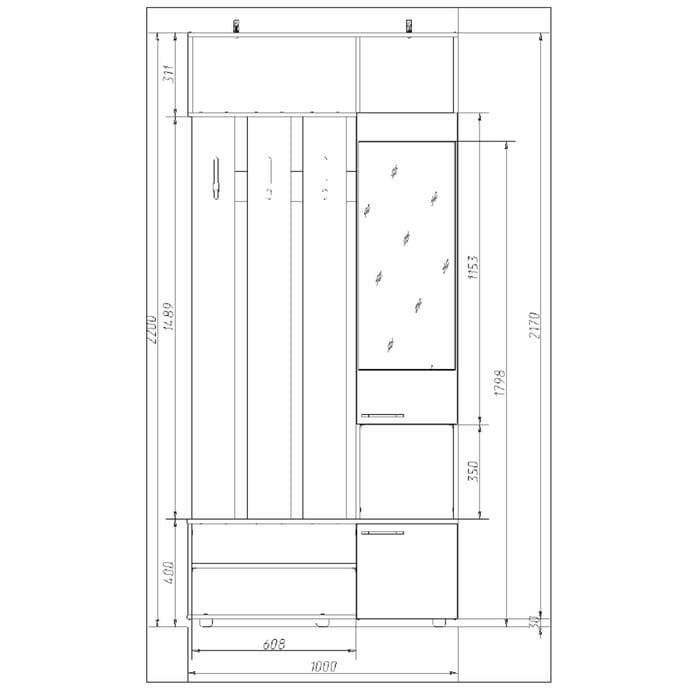 Прихожая «Милан», с вешалкой, с зеркалом, 1000×362×2200 мм, цвет дуб сонома/белый