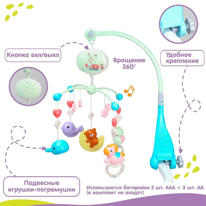 Мобиль музыкальный на кроватку Крошка Я «Мишка на луне», с проектором, МИКС
