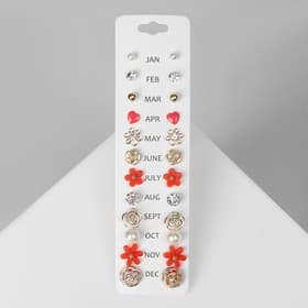 Серьги пусеты One year, 12 пар, цветочное ассорти, бело-розовые в золоте