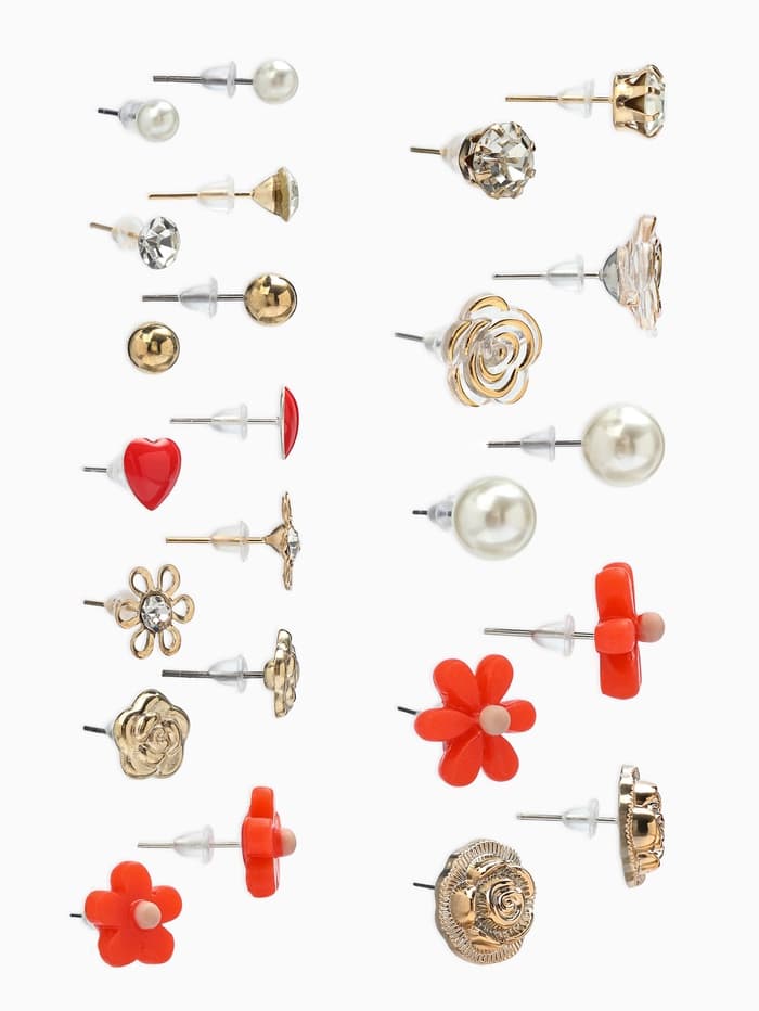 Серьги пусеты One year, 12 пар, цветочное ассорти, бело-розовые в золоте