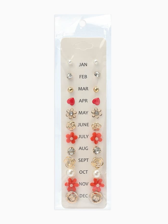 Серьги пусеты One year, 12 пар, цветочное ассорти, бело-розовые в золоте